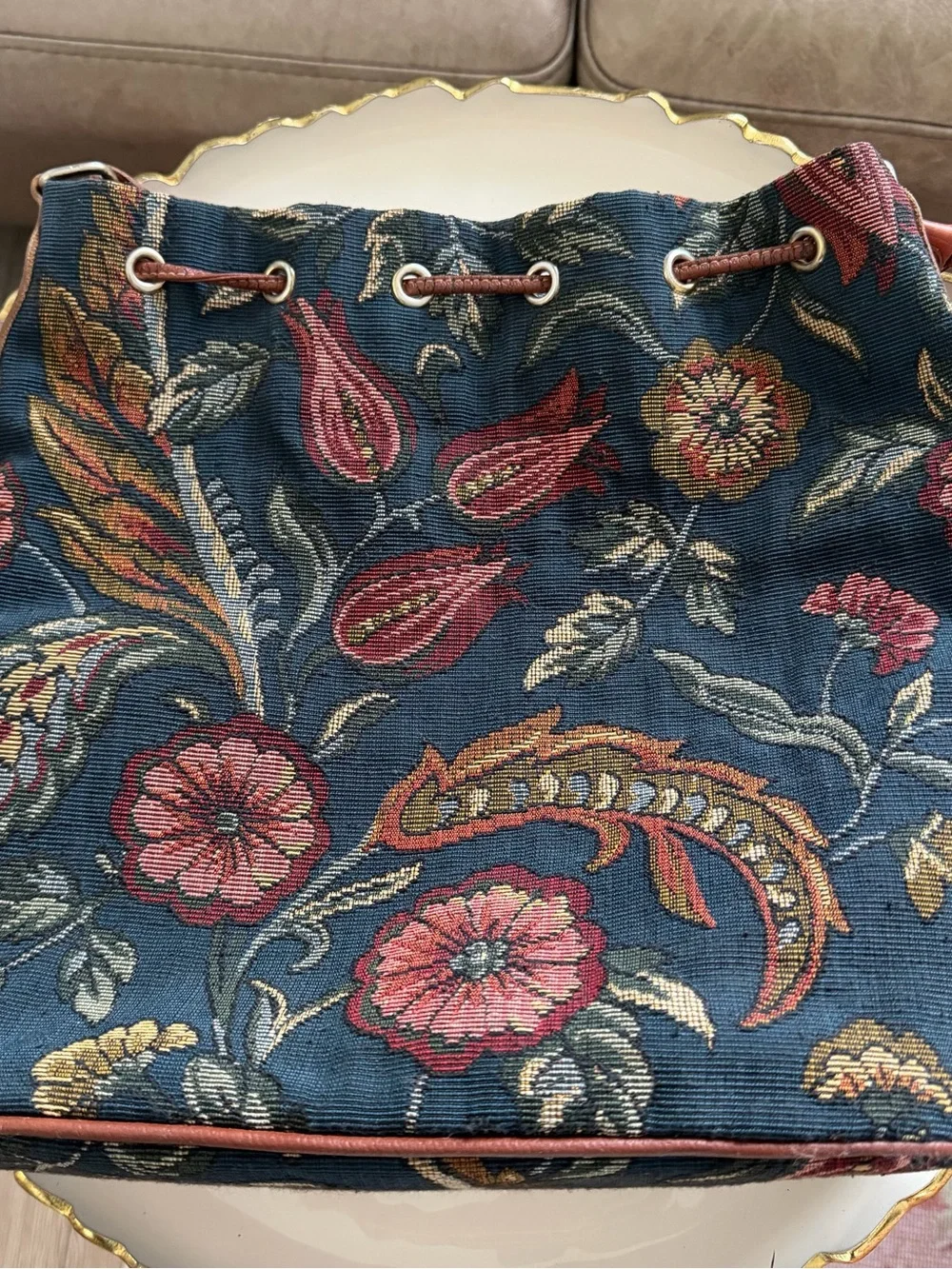 Vtg Ponte Vecchio Tapestry Floral Bucket Bag Drawstring Made in USA AS IS